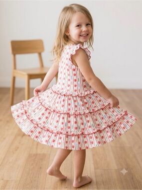Smockingbird Girls Ruffled Apple & Crayon Print Dress
